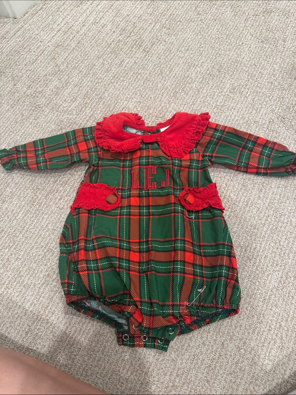 “LEJ” Christmas Red & Green Plaid Baby Bubble Romper with Ruffled Collar